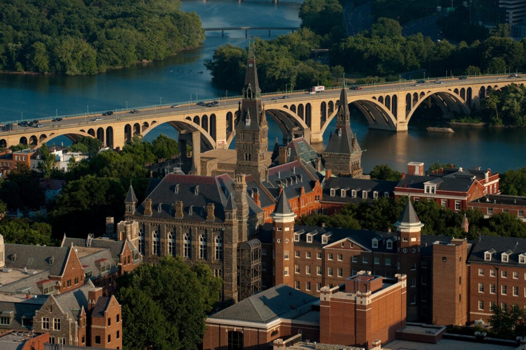 Aerial view of Georgetown and the Key Bridge to VA